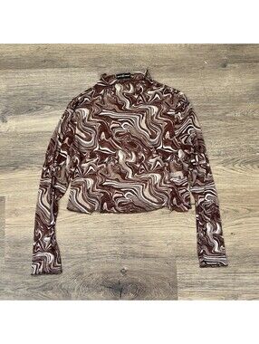 Almost Famous Y2K Brown Swirl Mesh Mock Neck Crop Top Plus Size 3X Lettuce Edge